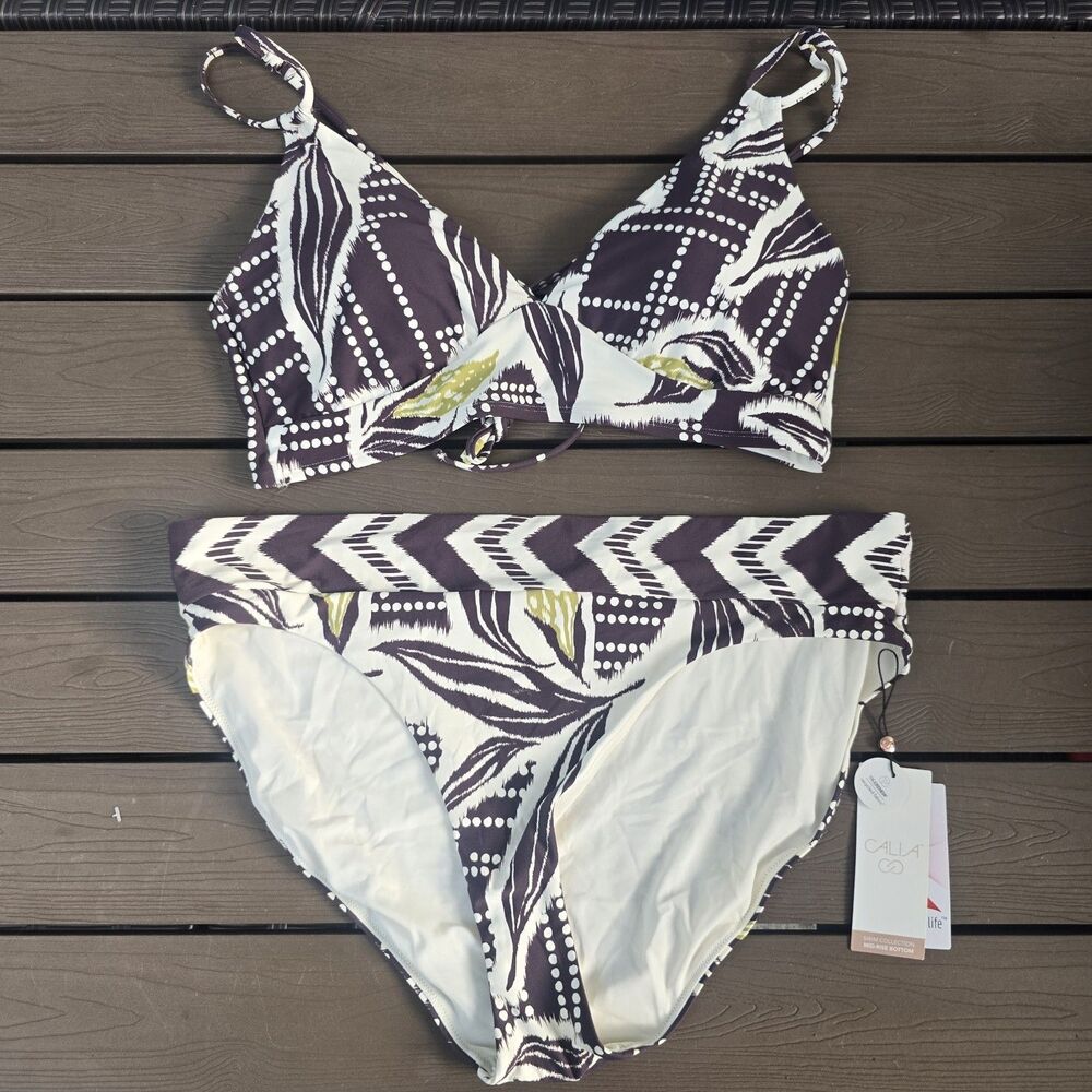 CALIA Women's Brown/cream Primitive Triangle Top & Wide Band Bikini Set Sz L New